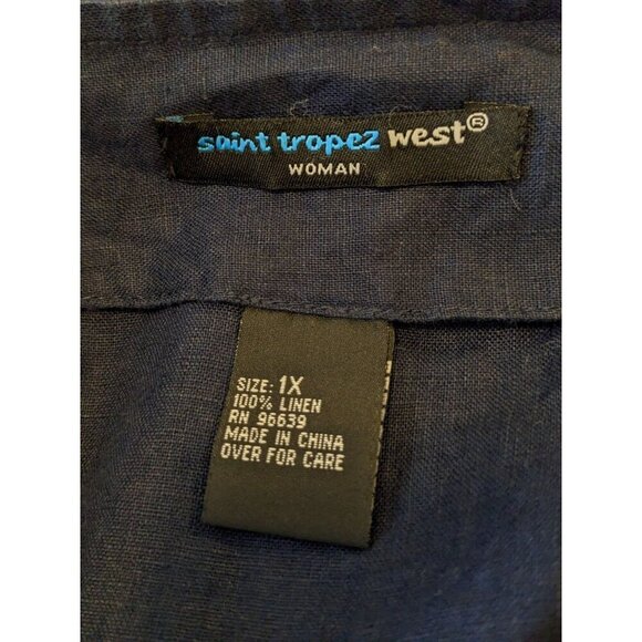 Saint Tropez West Womens Top 100% Linen Size 1X Navy Embroidered Elbow Sleeve - Picture 6 of 6